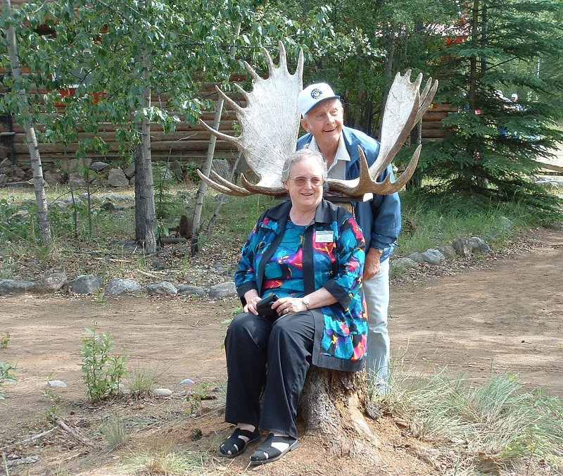 Wearing moose antlers at Moose Creek Lodge.