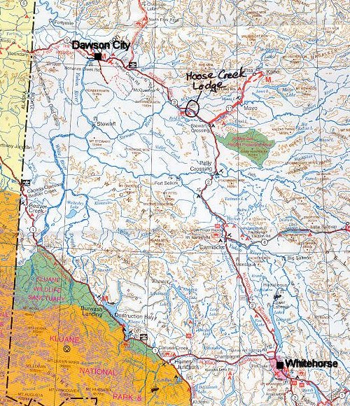 Location map of Moose Creek Lodge, Yukon